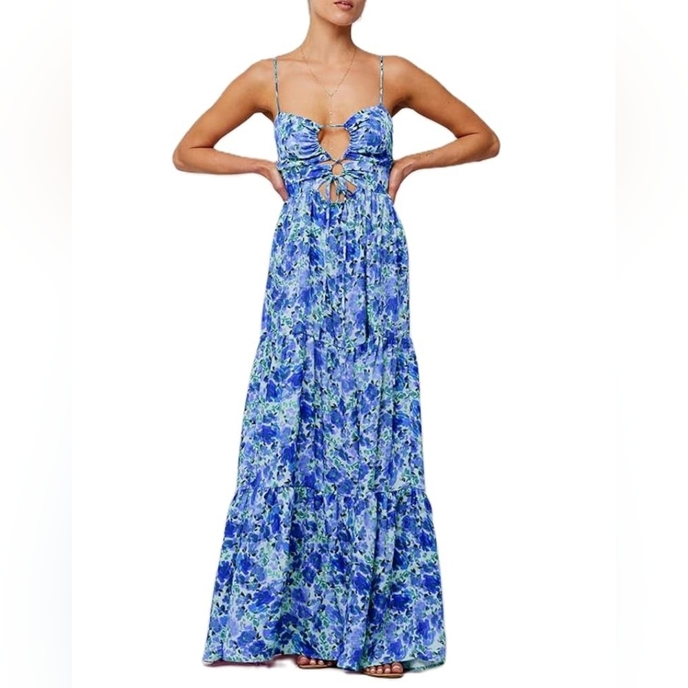 NWOT Blue Floral Cami Hollow Out Open Back Maxi Dress Size Medium
